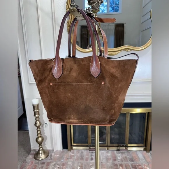 Polo Ralph Lauren Bellport Suede Leather Medium Tote Bag Brown Adjustable Strap - Picture 2 of 16